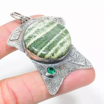 Подвеска из стерлингового серебра 925 пробы с натуральным зеленым опалом и диопсидом 2,56 дюйма W5Q44