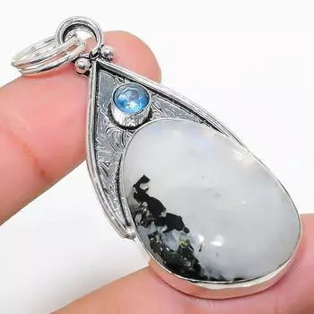 Подвеска из стерлингового серебра 925 пробы с натуральным радужным лунным камнем и голубым топазом 2,40 дюйма C5w40