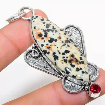 Подвеска из стерлингового серебра 925 пробы с натуральной далматинской яшмой и гранатом 2,80 дюйма C7r60