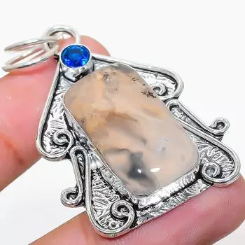 Подвеска из стерлингового серебра 925 пробы с натуральным русским дендритным голубым топазом 2,05 дюйма J6z68