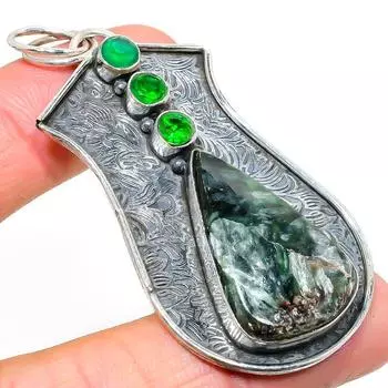Подвеска из стерлингового серебра 925 пробы с натуральным серафинитом и диопсидом 2,72 дюйма e6L19