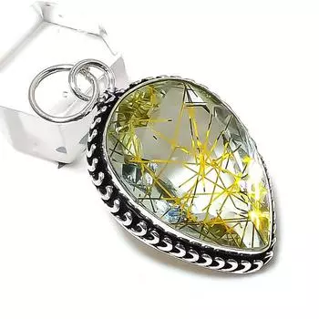 Подвеска из стерлингового серебра 925 пробы с натуральным золотым рутилом ручной работы 1,97 дюйма o0v54