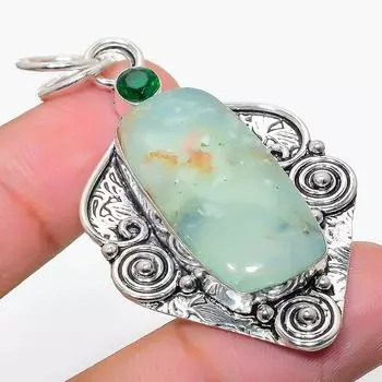 Подвеска из стерлингового серебра 925 пробы с натуральным хризопразом и диопсидом 2,32 дюйма W6P02