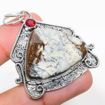 Подвеска из стерлингового серебра 925 пробы с натуральной яшмой малигано и гранатом 2,13 дюйма B0c59