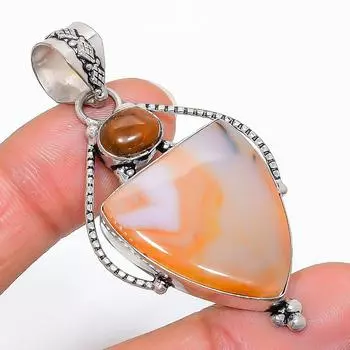 Подвеска из стерлингового серебра 925 пробы с натуральным агатом Монтана ручной работы 2,17 дюйма o6U43