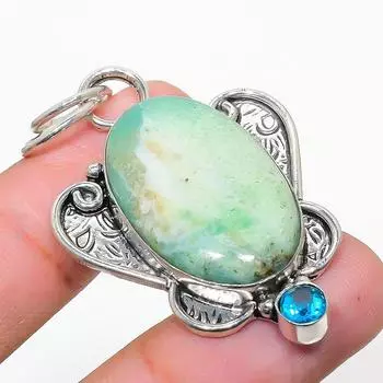 Подвеска из стерлингового серебра 925 пробы с натуральным хризопразом и голубым топазом, 2,09 дюйма, v3O50