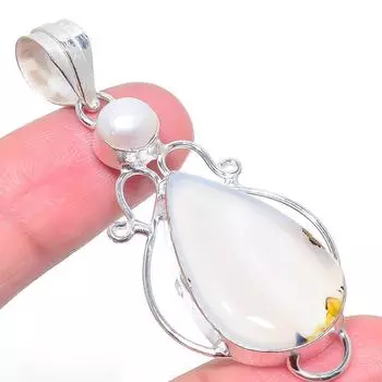 Подвеска из стерлингового серебра 925 пробы с натуральным агатом Монтана и жемчугом 2,52 дюйма n1O06