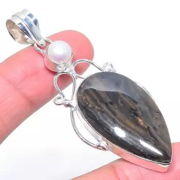 Подвеска из стерлингового серебра 925 пробы с натуральным обсидиановым глазом и жемчугом 2,76 дюйма n9E07