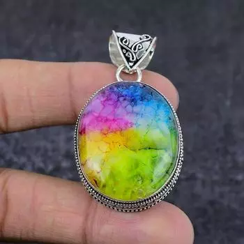 Подвеска из стерлингового серебра 925 пробы с натуральным радужным солнечным кварцем 2,17 дюйма W7N46