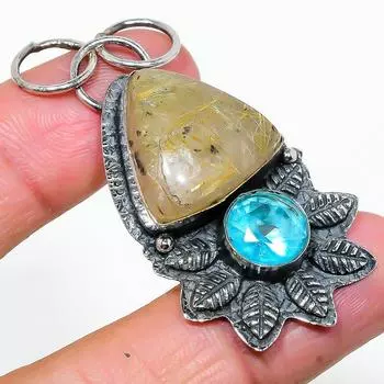 Подвеска из стерлингового серебра 925 пробы с натуральным золотым рутилом и топазом 2,25 дюйма F7B88