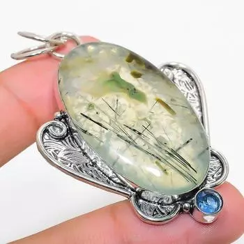 Подвеска из стерлингового серебра 925 пробы с натуральным пренитом и голубым топазом 2,60 дюйма d9e98