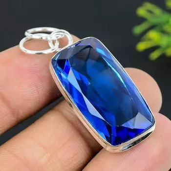 Подвеска из стерлингового серебра 925 пробы с натуральным лондонским голубым топазом 1,81 дюйма F0f60