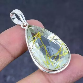 Подвеска из стерлингового серебра 925 пробы с натуральным золотым рутилом ручной работы 1,97 дюйма k5v16