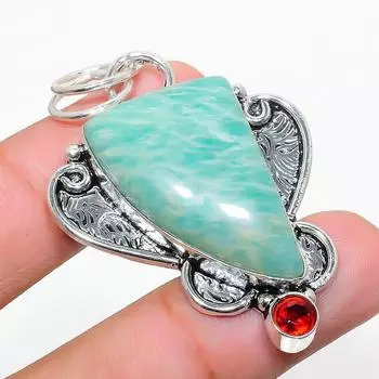 Подвеска из стерлингового серебра 925 пробы с натуральным амазонитом и гранатом 2,05 дюйма Q9e87