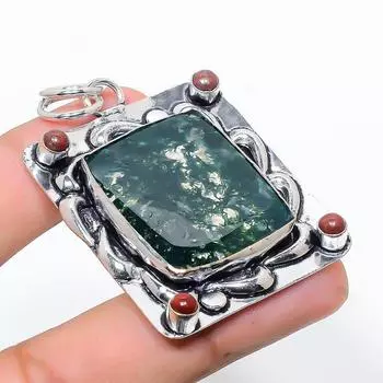 Подвеска из стерлингового серебра 925 пробы с натуральным моховым агатом и солнечным камнем 2,29 дюйма U7K07