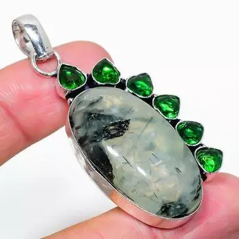 Подвеска из стерлингового серебра 925 пробы с натуральным пренитом и диопсидом 2,44 дюйма L4t32