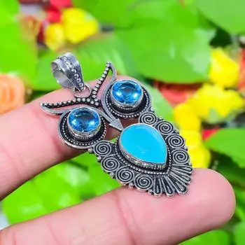 Подвеска из стерлингового серебра 925 пробы с натуральным аква-халцедоном и голубым топазом 1,97 дюйма I1t22