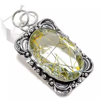 Подвеска из стерлингового серебра 925 пробы с натуральным золотым рутилом ручной работы 2,25 дюйма V0q30