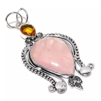 Подвеска из стерлингового серебра 925 пробы с натуральным розовым кварцем и цитрином 3,43 дюйма I4I99