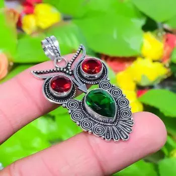 Подвеска из стерлингового серебра 925 пробы с хромдиопсидом и камнем-гранатом Natural Owl, размер 1,97 дюйма, M8E89.