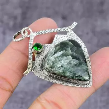 Подвеска из стерлингового серебра 925 пробы с натуральным серафинитом и диопсидом 2,28 дюйма J2N77