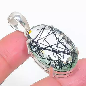 Подвеска из стерлингового серебра 925 пробы с натуральным черным рутиловым камнем 1,85 дюйма b1j63