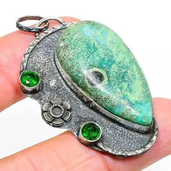 Подвеска из стерлингового серебра 925 пробы с натуральным хризопразом и диопсидом 2,25 дюйма B4A64
