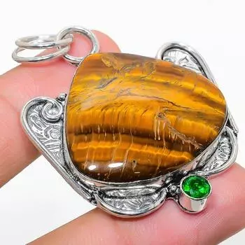 Подвеска из стерлингового серебра 925 пробы с натуральным тигровым глазом и драгоценным камнем диопсидом 2,17 дюйма Z1u74