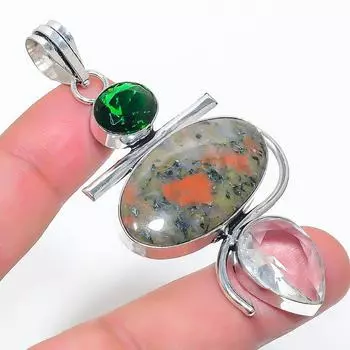 Подвеска из стерлингового серебра 925 пробы с натуральным унакитом и диопсидом 2,80 дюйма F2V85