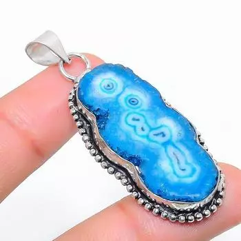 Подвеска из стерлингового серебра 925 пробы с натуральным синим солнечным кварцем 2,25 дюйма C7Q93