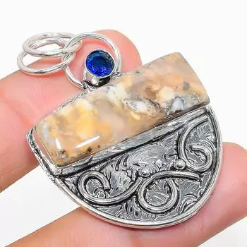 Подвеска из стерлингового серебра 925 пробы с натуральным русским дендритным голубым топазом 1,81 дюйма B6T06