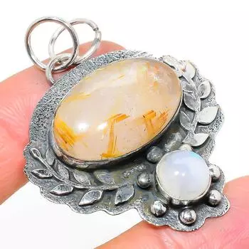 Подвеска из стерлингового серебра 925 пробы с натуральным золотым рутилом и лунным камнем 2,13 дюйма t8r32