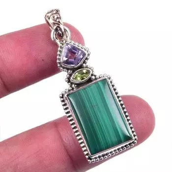 Подвеска из стерлингового серебра 925 пробы с натуральным малахитом и драгоценным камнем перидот 1,75 дюйма A6Y11