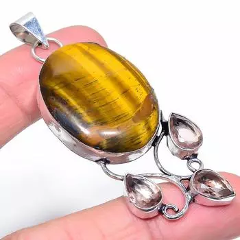 Подвеска из стерлингового серебра 925 пробы с натуральным тигровым глазом и драгоценным камнем морганитом 2,76 дюйма F7r13