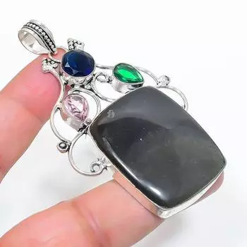 Подвеска из стерлингового серебра 925 пробы с натуральным серебряным блеском и обсидианом 2,99 дюйма A3F64