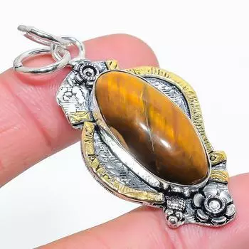 Подвеска из стерлингового серебра 925 пробы с натуральным двухцветным драгоценным камнем «Тигровый глаз» размером 2,21 дюйма l7I36