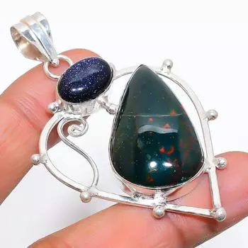 Подвеска из стерлингового серебра 925 пробы с натуральным кровавым камнем ручной работы 2,56 дюйма G3d88