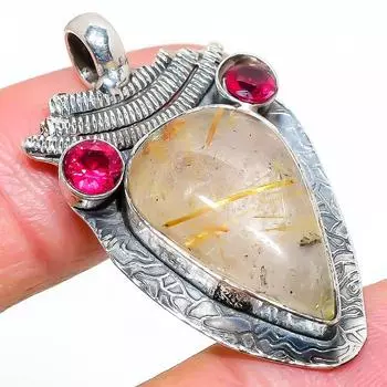 Подвеска из стерлингового серебра 925 пробы с натуральным золотым рутилом и рубиллитом 1,58 дюйма C5y31