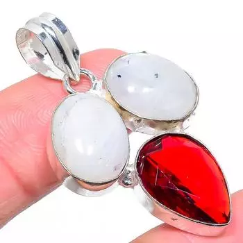 Подвеска из стерлингового серебра 925 пробы с натуральным радужным лунным камнем и гранатом 1,73 дюйма W4z24