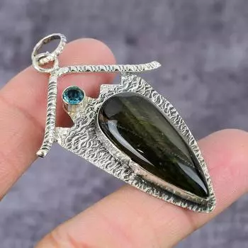 Подвеска из стерлингового серебра 925 пробы с натуральным черным тигровым глазом и драгоценным камнем топаз 2,25 дюйма H1W18