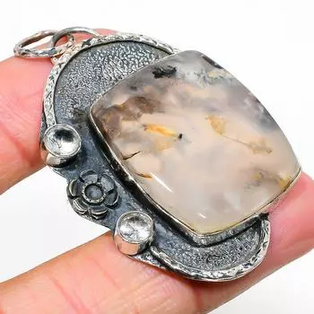 Подвеска из стерлингового серебра 925 пробы с натуральным русским дендритным камнем 2,32 дюйма T6t55