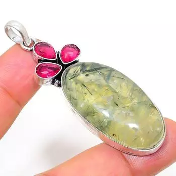 Подвеска из стерлингового серебра 925 пробы с натуральным пренитом и рубиллитом 2,56 дюйма F2F57