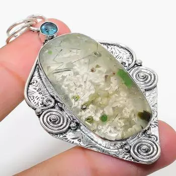 Подвеска из стерлингового серебра 925 пробы с натуральным пренитом и голубым топазом 2,84 дюйма v0H51