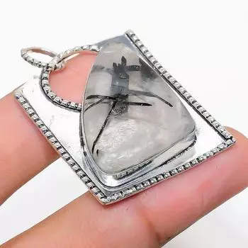 Подвеска из стерлингового серебра 925 пробы с натуральным черным рутилом ручной работы 1,65 дюйма c4f05