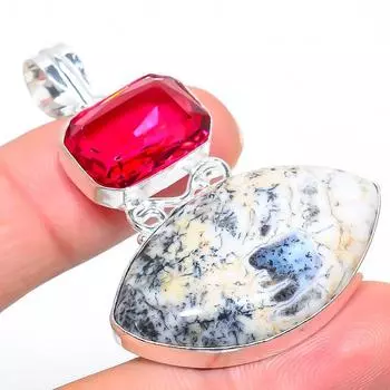 Подвеска из стерлингового серебра 925 пробы с натуральным дендритным опалом и гранатом 2,17 дюйма J0l10