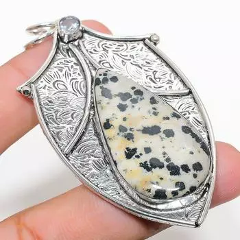 Подвеска из стерлингового серебра 925 пробы с натуральной далматиновой яшмой и белым топазом 2,99 дюйма u5Y15