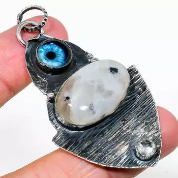 Подвеска из стерлингового серебра 925 пробы с натуральным радужным лунным камнем и камнем сглаза 2,64 дюйма i1Y25
