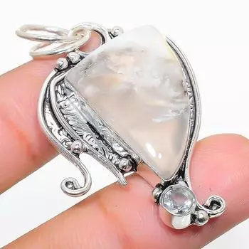 Подвеска из стерлингового серебра 925 пробы с натуральным русским дендритным белым топазом 1,93 дюйма A7E71