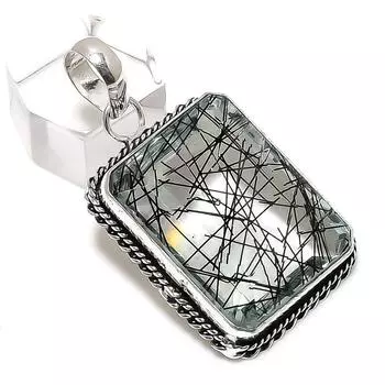 Подвеска из стерлингового серебра 925 пробы с черным рутиловым камнем ручной работы 1,89 дюйма k7C84