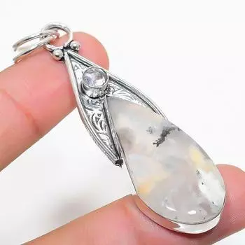 Подвеска из стерлингового серебра 925 пробы с натуральным русским дендритным белым топазом 2,64 дюйма R9d29